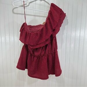 Maeve by Anthropologie One Shoulder Ruffle Blouse Burgundy White Dots Peplum M
